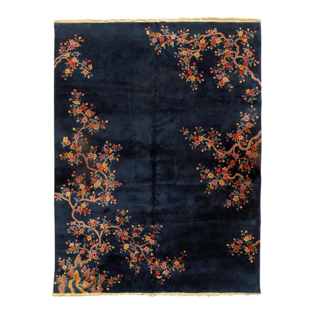 Pasargad DC Navy Blue Fine Antique Chinese Art Deco Rug For Sale