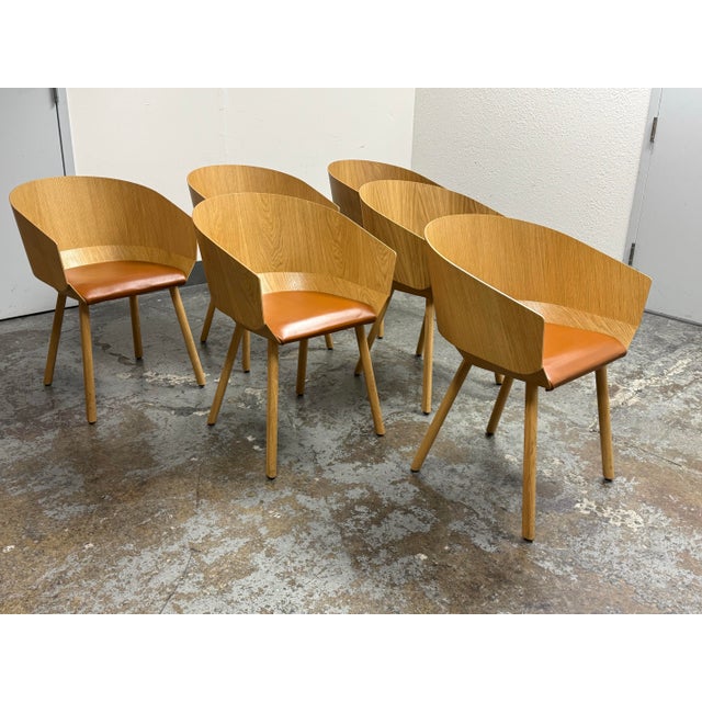 Modern Stefan Diez for E15 Ch04 Houdini Oak + Leather Armchairs, Set of Six For Sale - Image 3 of 12