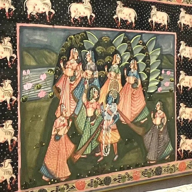 Vintage Indian Pichwai Folk Art Painting on Silk For Sale - Image 12 of 14