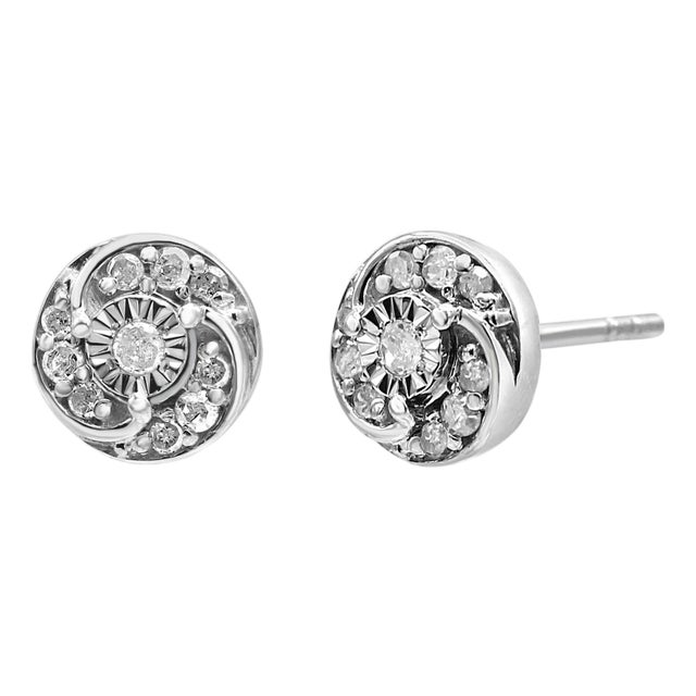 .925 Sterling Silver 1/4 Cttw Round Diamond Spiral Halo Cluster Stud Earrings (I-J Color, I2-I3 Clarity) For Sale