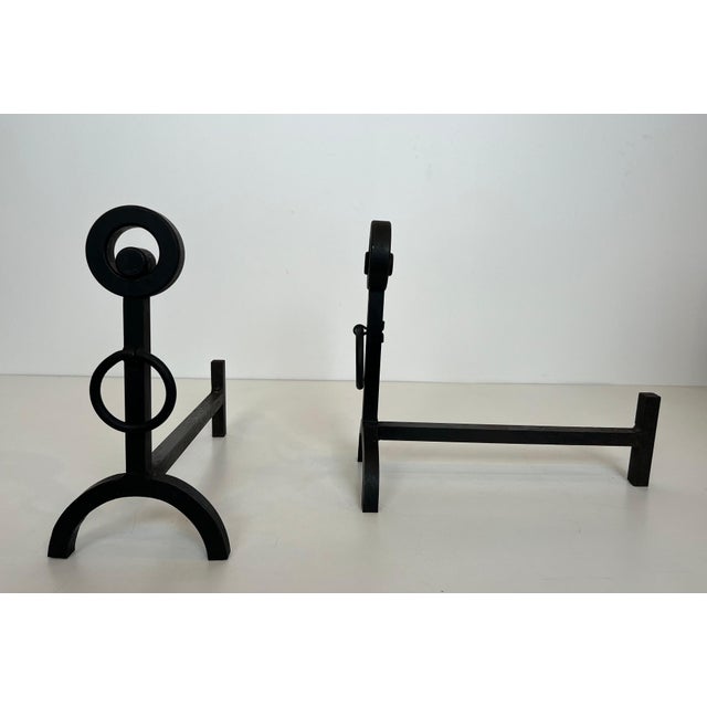 1970s Pair of modernist wrought iron andirons For Sale - Image 5 of 12
