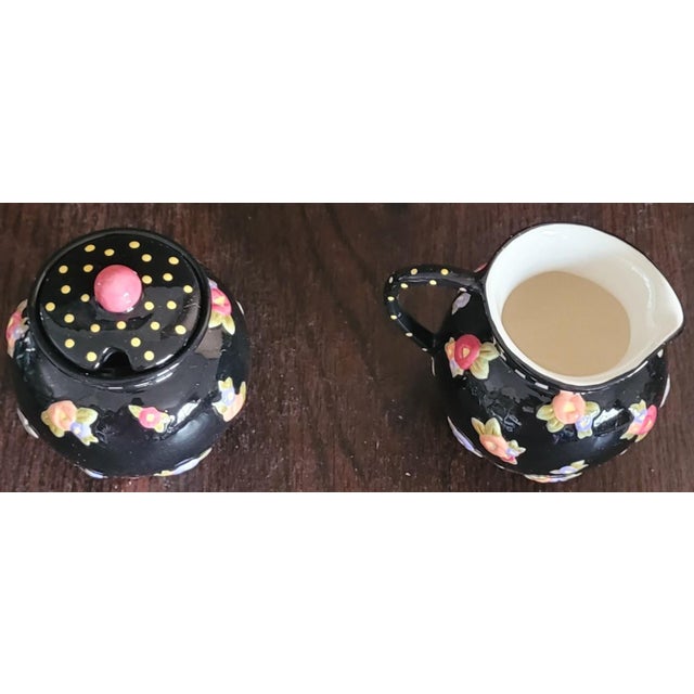 Vintage Mary Engelbreit Black Floral Cottage Collection Creamer Sugar Set 1998 - a Pair in Original Boxes For Sale - Image 4 of 7