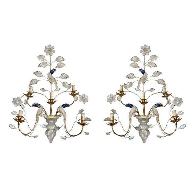 Gold Pair of 1950s French Rock Crystal & Lapis Lazuli Stone Sconces For Sale - Image 8 of 8