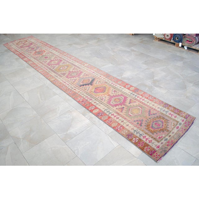 1970s Kurdish Herki Hand-Knotted Distressed Runner Rug Low Pile Extra Long Hallway Decor - 3x15 Ft Approx For Sale - Image 5 of 16