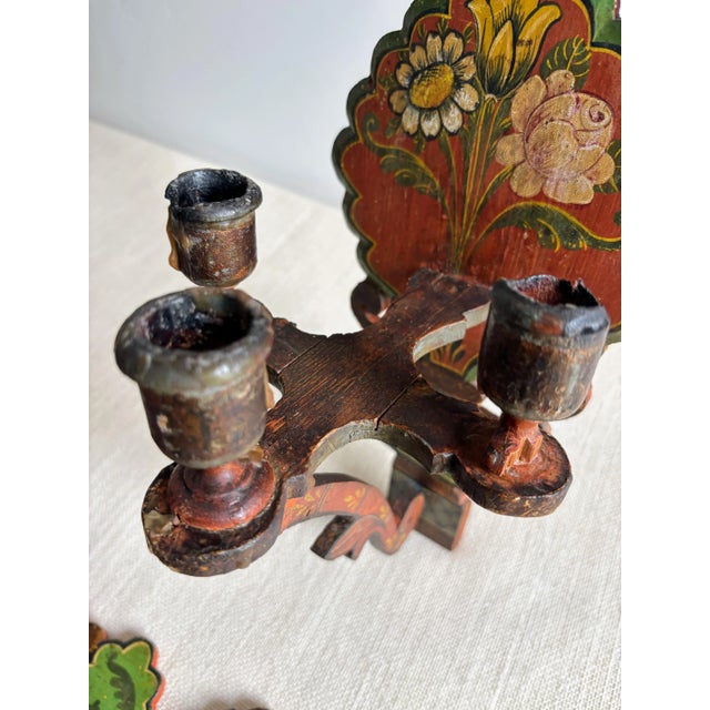 Antique European Hand Painted Wood Folk Art Candle Sconces- a Pair For Sale - Image 13 of 17