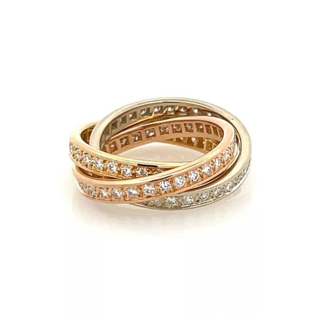 Contemporary Cartier Trinity Diamond 18k Tricolor Gold Rolling Band Ring Size 6 W/Paper For Sale - Image 3 of 7