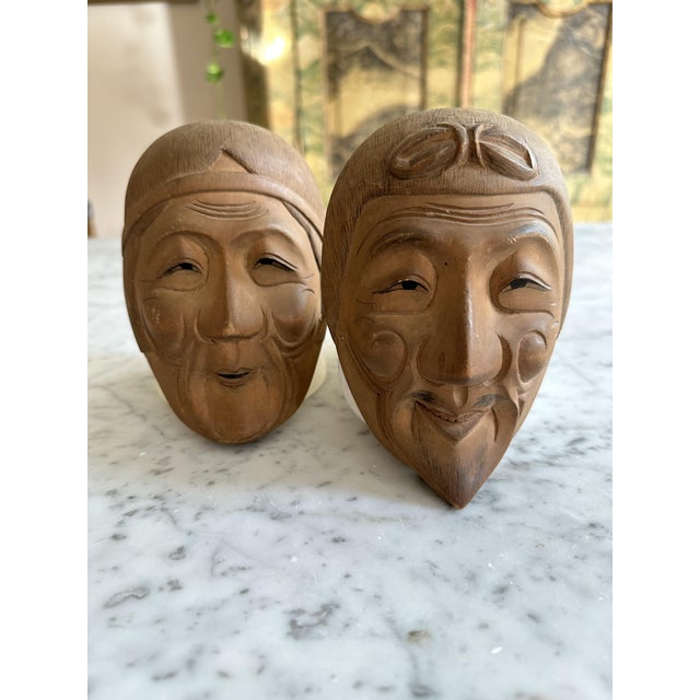 Vintage Japanese Kyogen Masks in Hand-Carved Wood, 1950s, Set of 2 For Sale - Image 12 of 15