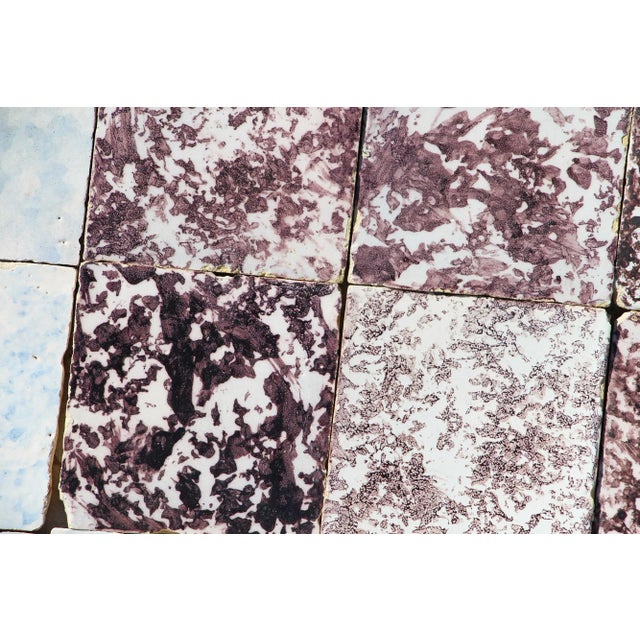 18th Century Tile Mural Panel, Aubergine Spongeware Surrounded by Blue & White Flowers - 35 Pieces For Sale - Image 4 of 13