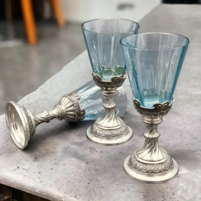 Art Nouveau Glasses with Metal Bases, 1900s, Set of 3 For Sale - Image 3 of 5