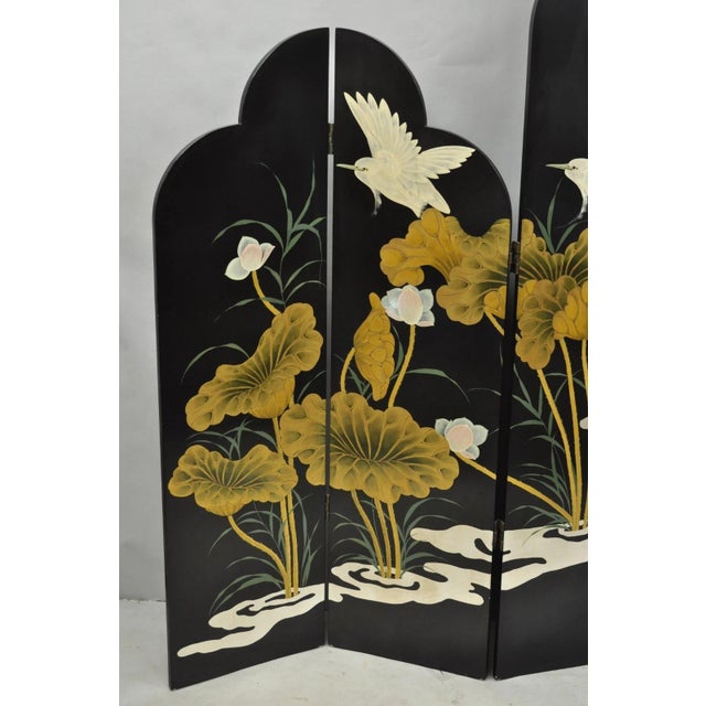 Decorator Chinoiserie Black Lacquer Oriental Painted 4 Panel Arched Room Divider Screen with Paint Decoration on Both...