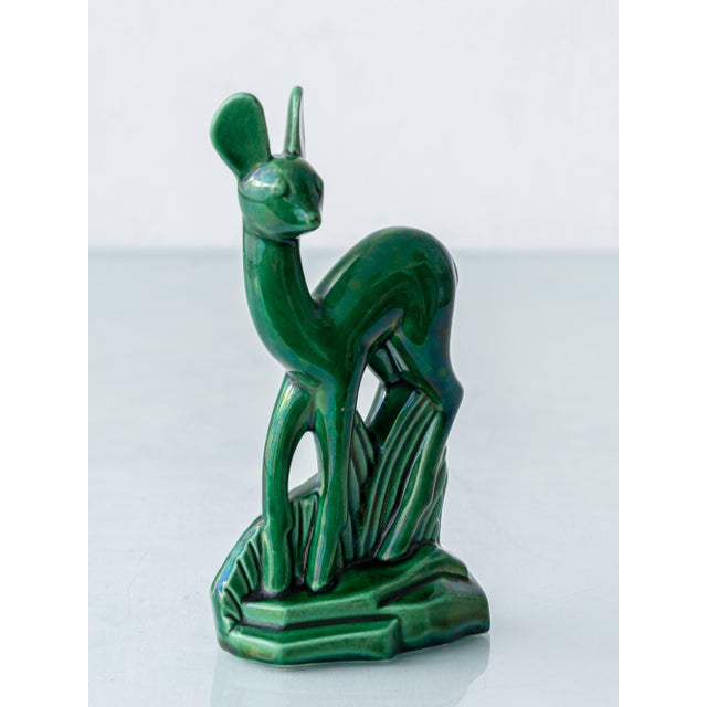 Art Deco Emerald Green Ceramic Deer Sculpture by Charles Lemanceau for Saint-Clément, France, 1930s For Sale - Image 3 of 14