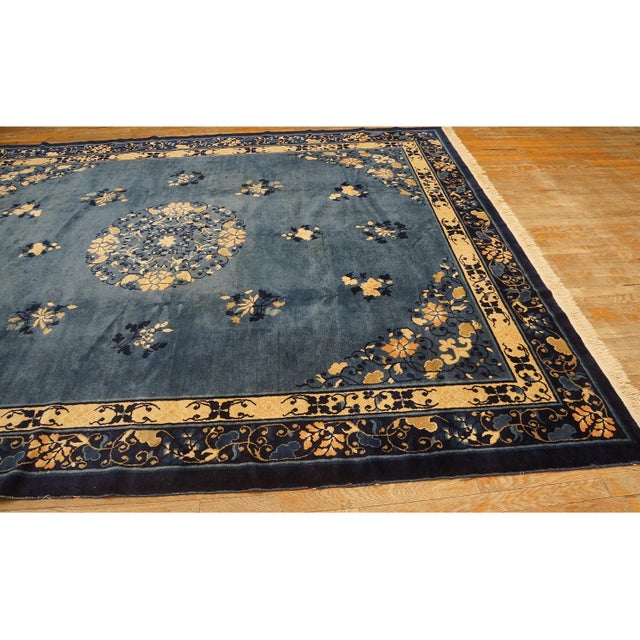 1920s 1920s Blue-Navy Background Floral-Medallion Design Antique Chinese Peking Rug For Sale - Image 5 of 8