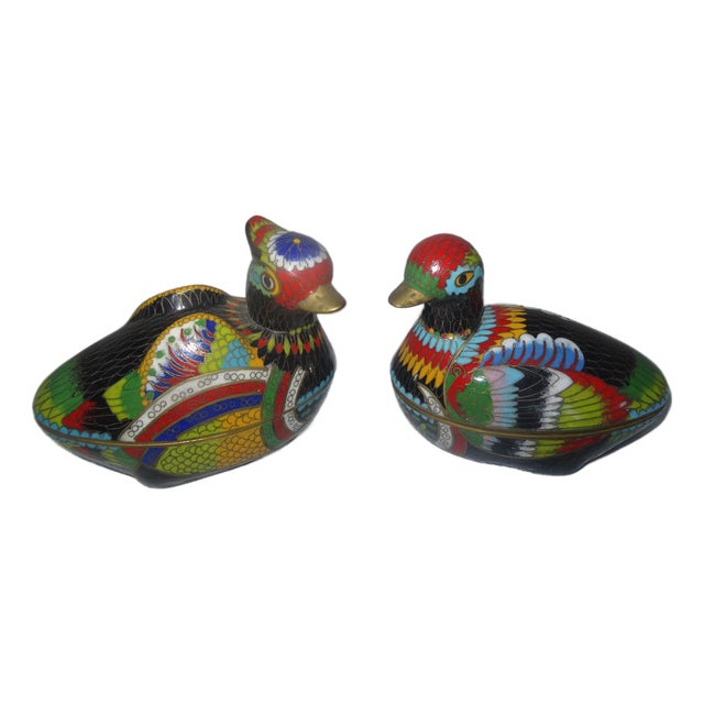 A Fine Pair of Vintage Cloisonne Duck Form Boxes For Sale