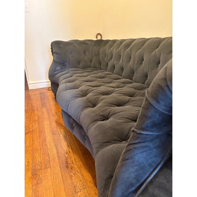 English Black Velvet Timothy Oulton Serpentine Chesterfield, 3 Seater, Sculptural Designer Sofa For Sale - Image 3 of 11