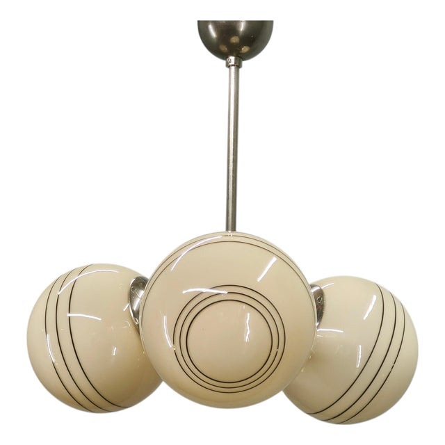 Art Deco Chrome and Cream Glass Chandelier, 1930s For Sale