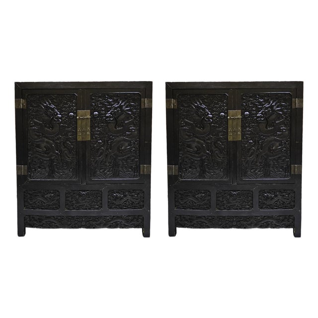 An Impressive Pair of Qing Dynasty Chinese Carved Dragon Cabinets For Sale