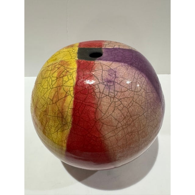Peter Aslan Raku Pottery Orb Vase Multicolor Crackle Glaze Studio Ceramic For Sale - Image 4 of 13
