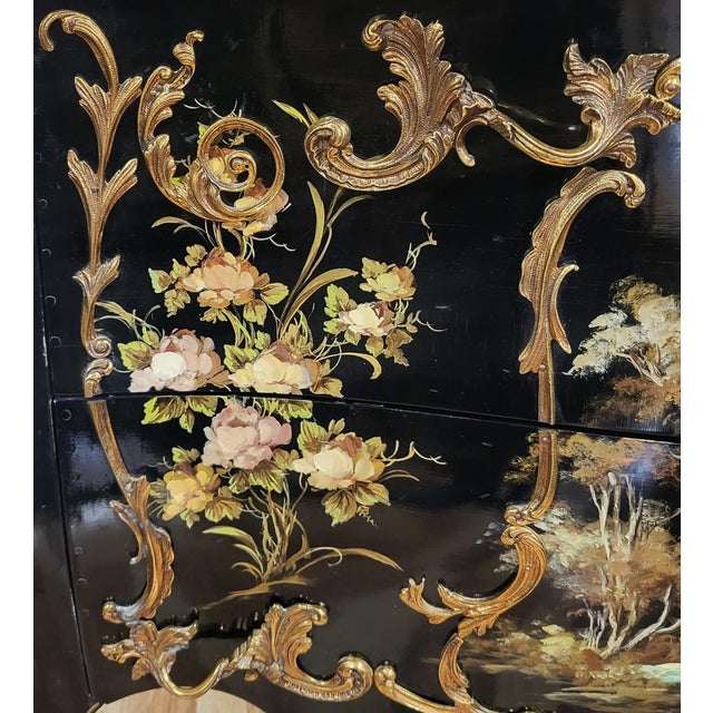 Vintage Louis XV Style Black Lacquered & Painted Marble Top Bronze Mounted Commode For Sale - Image 15 of 18