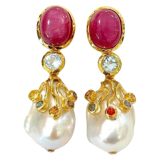 Bochic "Orient" Ruby, Topaz & Multi Fancy Sapphire Earrings 18K Gold & Silver For Sale In New York - Image 6 of 6