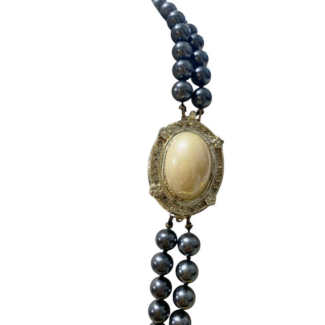 Long Vintage Two Strand Faux Black Pearls With Beige Focal Necklace For Sale - Image 4 of 8