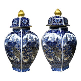 Small Late 20th Century Blue & White Gold Finish Hexagon Ginger Jars With Peacock & Floral Motif – a Pair For Sale