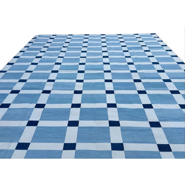 Textile Handwoven Cotton Area Rug, Vegetable Dyed, Sky Blue and White Geometric Dhurrie - 12'x15' For Sale - Image 7 of 10