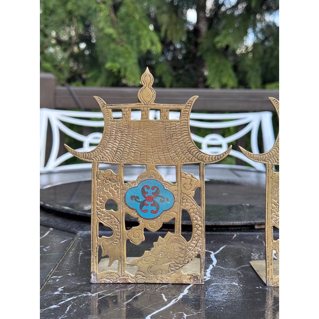 1970s 1970’s Brass Pagoda Motif Book Ends - A Pair For Sale - Image 5 of 9