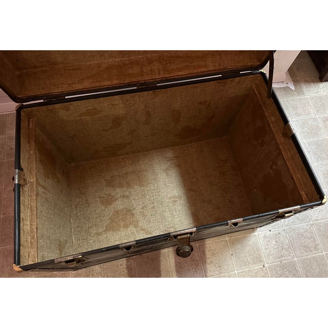Wood Early 20th Century Antique Steamer Travel Trunk Brass Leather For Sale - Image 7 of 10