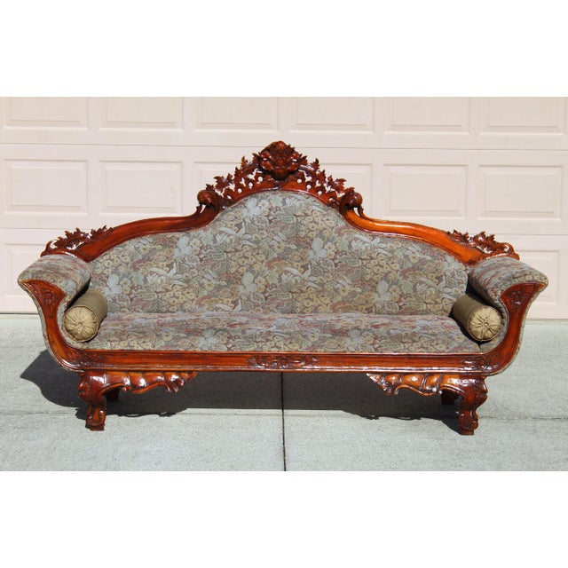 Victorian Antique Victorian Rococo Revival Hand-Carved Rosewood Sofa – Early 20th Century Ornate Floral Upholstered Couch For Sale - Image 3 of 16