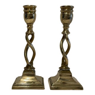 Pair of Antique English Brass Barley Twist Candlesticks For Sale