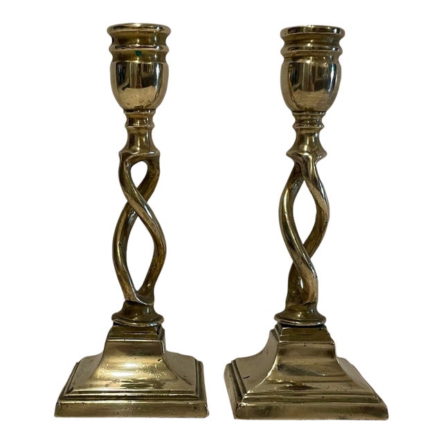 Pair of Antique English Brass Barley Twist Candlesticks For Sale