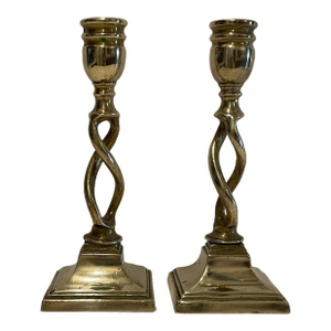 Pair of Antique English Brass Barley Twist Candlesticks