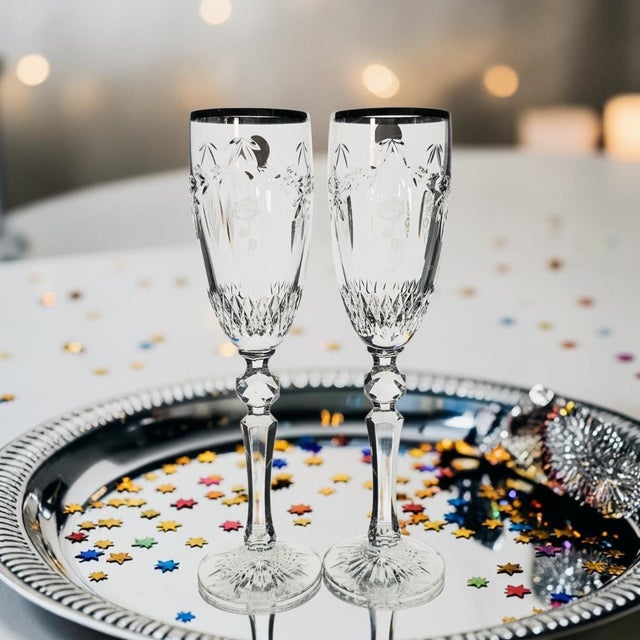 This pair of Waterford Cherished Moments champagne flutes was produced in Ireland circa 2000. Crafted in clear lead...