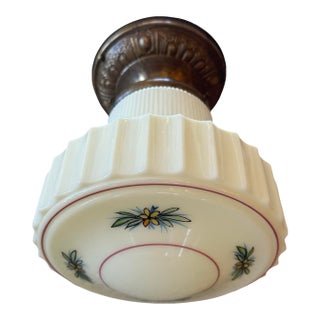 1930s Hand Painted Floral Motif Custard Glass on Old Embossed Brass Holder For Sale