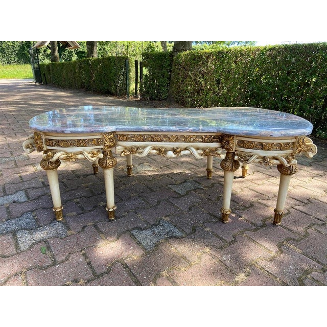 White 1980s Louis XVI Style Antique White Beech Marble Coffee Table For Sale - Image 8 of 18