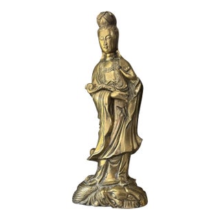 Vintage Cast Brass Guanyin Figure on Fish and Wave Base For Sale