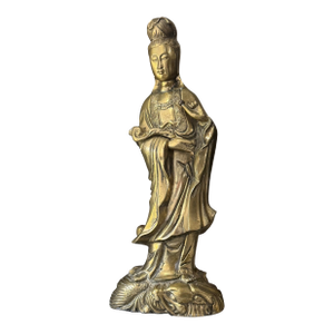 Vintage Cast Brass Guanyin Figure on Fish and Wave Base