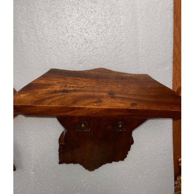 Brown Pair of Vintage Mid-Century Hand-Carved Wooden Wall Shelves Features an Ornate, Deeply Detailed Scalloped Shell Design With a Rich, Warm Wood Finish. For Sale - Image 8 of 15