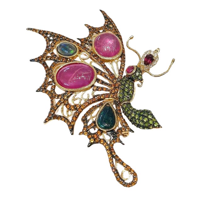 Bochic “Orient” Ruby, Multi Sapphires & Tsavorite Brooch Set 18K Gold & Silver For Sale