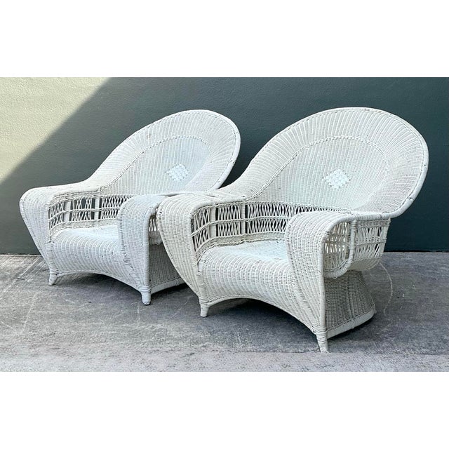 White Vintage Woven Rattan Bar Harbour Lounge Chairs - A Pair For Sale - Image 8 of 12