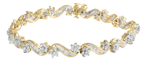 10k Yellow Gold 3.00 Cttw Round-Cut and Baguette-Cut Floral Link 7.25" Bracelet (I-J Color, I1-I2 Cl