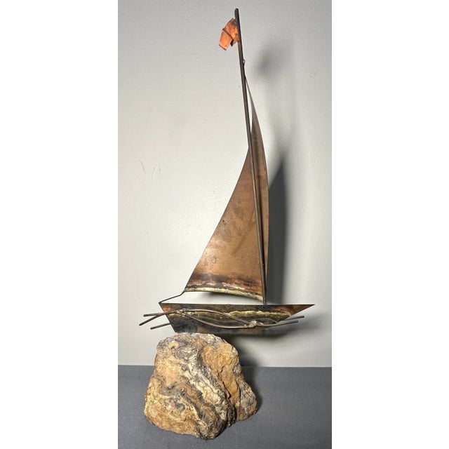 1970s Vintage 1970’s American Brutalist Welded Copper/Brass Metal Sailboat on Stone Base Sculpture by Bijan Bahar For Sale - Image 5 of 7