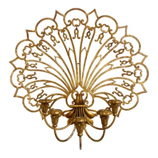 Vintage Grand Gilt Fan Wall 5-Arm Candle Sconce For Sale
