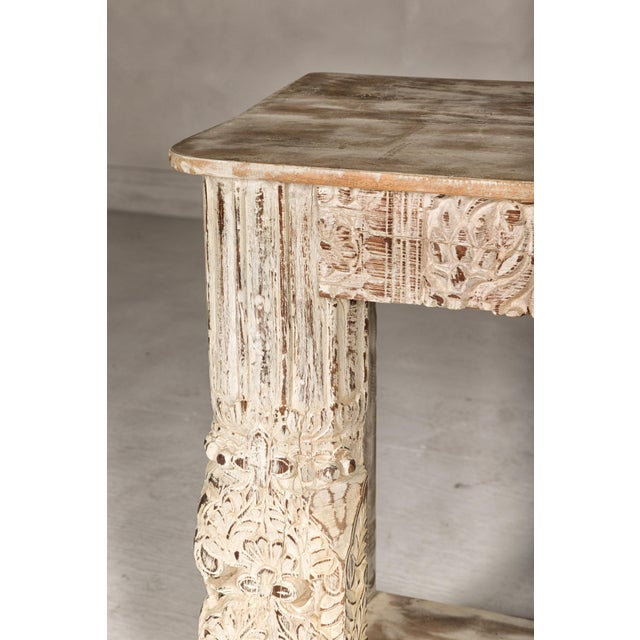 Mughal Style Whitewash Console Table with Carved Apron and Lower Shelf For Sale - Image 4 of 12