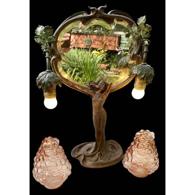1920s A Period French Art Nouveau Lighted Figural Beveled Vanity Mirror For Sale - Image 10 of 18