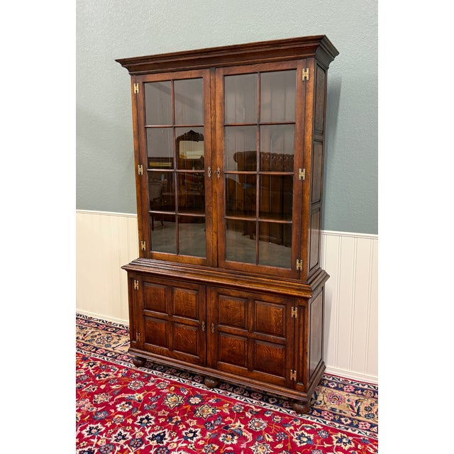 English Antique English Large Bookcase Bookshelf Cabinet Double Door Glass Oak C. 1910s For Sale - Image 3 of 18