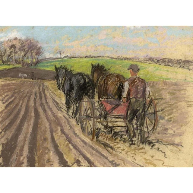 An original early 20th-century pastel drawing, Alice Des Clayes ARCA Ploughman with Horses.A vivid rural scene drawn in...