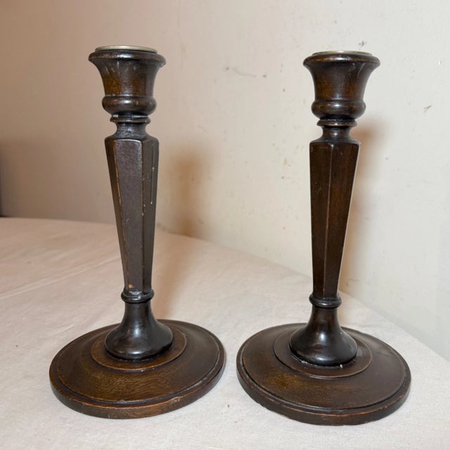 19th Century Pair Antique 1800's Hand Carved English Wood Brass Candlesticks Candle Holders For Sale - Image 5 of 9