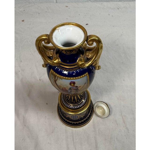 Antique Hand Painted Royal Vienna Porcelain Cobalt Gold Lidded Vase Mini Urn For Sale - Image 13 of 18