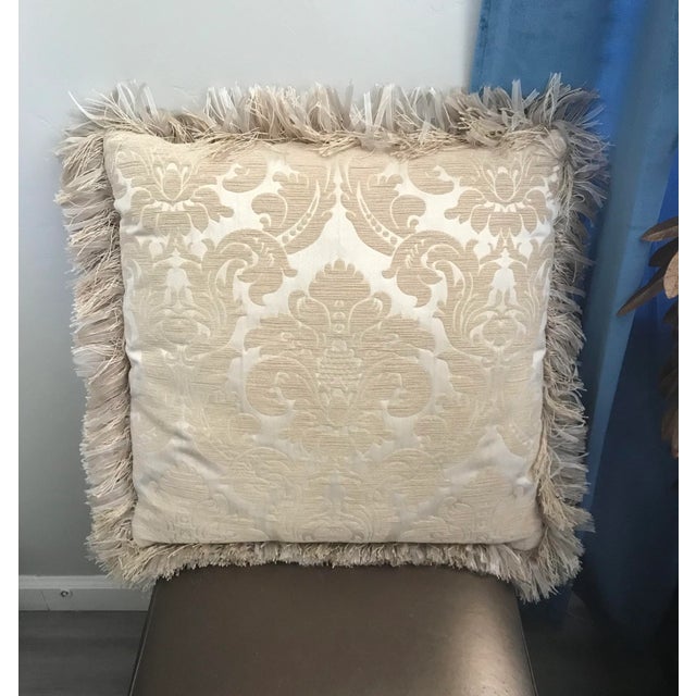 22" Gold and Cream Brocade Decorative Pillow With Ribbon Fringe Chairish